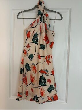 Backless Halter Floral Mini Dress in Cream and Red